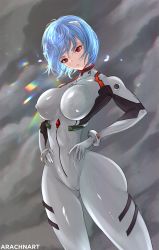 Rule 34 | 1girl, arachnart, ayanami rei, blue hair, blush, breasts, closed mouth, hair ornament, highres, large breasts, latex suit, neon genesis evangelion, red eyes, short hair, tagme