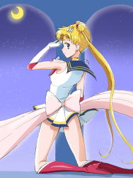 Rule 34 | 1girl, back bow, bishoujo senshi sailor moon, blonde hair, blue background, blue eyes, blue sailor collar, bow, commentary request, crescent, double bun, elbow gloves, from behind, gloves, gold choker, highres, kinfuji, long hair, looking back, pink bow, pleated skirt, red footwear, sailor collar, sailor moon, sailor senshi, sailor senshi uniform, skirt, solo, super sailor moon, tsukino usagi, twintails, white gloves, white skirt