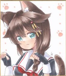Rule 34 | 1girl, ahoge, animal ear fluff, animal ears, black gloves, black serafuku, blue eyes, blush, braid, brown hair, cat day, cat ears, cat tail, closed mouth, commentary request, fingerless gloves, gloves, hair flaps, hair ornament, hair over shoulder, highres, kantai collection, kemonomimi mode, looking at viewer, marker (medium), neckerchief, necktie, paw pose, red necktie, school uniform, serafuku, shigure (kancolle), shigure kai ni (kancolle), simple background, single braid, smile, solo, tail, traditional media, upper body, yuuki chima