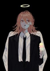 Rule 34 | 1boy, angel, angel devil (chainsaw man), angel wings, black background, black necktie, black suit, chainsaw man, food, formal, hair between eyes, halo, highres, holding, holding food, ice cream, inuo (inuo x), long hair, melting, necktie, neckwear request, orange hair, parted lips, red eyes, shirt tucked in, simple background, solo, suit, wings