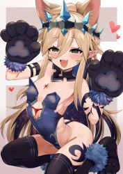 Rule 34 | 1girl, :d, absurdres, animal ears, animal hands, black gloves, black thighhighs, blonde hair, cat ears, chest tattoo, commentary request, covered erect nipples, fang, flat chest, fur-trimmed gloves, fur trim, gloves, green eyes, hair between eyes, heart, highres, long hair, looking at viewer, open mouth, original, paw gloves, pointy ears, sakurai energy, sitting, smile, solo, stomach tattoo, tattoo, thighhighs, very long hair, vivi (ac8231), wariza