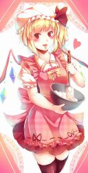 Rule 34 | 1girl, apron, black thighhighs, blonde hair, cowboy shot, crystal wings, flandre scarlet, frilled apron, frills, hat, heart, highres, kanzakietc, looking at viewer, mob cap, open mouth, red eyes, red ribbon, ribbon, solo, thighhighs, touhou, yellow ribbon, zettai ryouiki