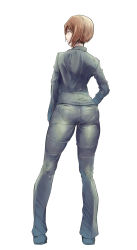 Rule 34 | 1girl, ass, brown eyes, brown hair, highres, kanta (k n t r o), pants, pantylines, short hair, simple background, solo, tight clothes, tight pants, white background