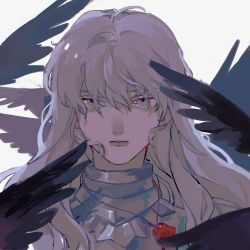 Rule 34 | 1boy, 947487820wl, androgynous, armor, behelit, berserk, bird, commentary, commentary request, expressionless, facing viewer, griffith (berserk), highres, jewelry, long hair, looking at viewer, male focus, necklace, simple background, solo, white hair