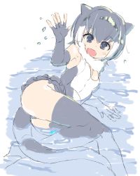Rule 34 | 10s, 1girl, absurdres, animal ears, breasts, cleavage, elbow gloves, fingerless gloves, fur collar, gloves, grey hair, grey thighhighs, highres, kemono friends, looking at viewer, multicolored hair, omucchan (omutyuan), open mouth, otter ears, otter tail, partially submerged, short hair, sketch, small-clawed otter (kemono friends), solo, tail, thighhighs, two-tone hair, white hair