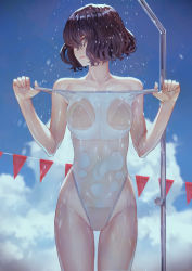 Rule 34 | 1girl, bare arms, bare legs, bare shoulders, black hair, blue sky, bob cut, breasts, clothes pull, cloud, collarbone, competition swimsuit, cowboy shot, day, eyebrows, eyebrows hidden by hair, green eyes, hand on own hip, highleg, highleg swimsuit, highres, kaoming, looking at viewer, one-piece swimsuit, one-piece swimsuit pull, original, outdoors, see-through, short hair, showering, sky, solo, swimsuit, thighs, white one-piece swimsuit