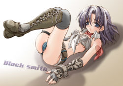 Rule 34 | 1girl, arm guards, armor, bare shoulders, belt, blacksmith, blacksmith (ragnarok online), blue eyes, boots, cameltoe, cross-laced footwear, fingerless gloves, front-tie top, full body, gloves, heart, knee boots, long hair, lying, mio (fastest lap), on back, purple hair, ragnarok online, sad, shoelaces, short shorts, shorts, solo, tattoo, thighhighs
