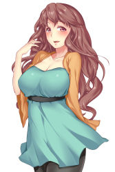 Rule 34 | 1girl, blush, breasts, brown eyes, brown hair, cleavage, dress, highres, large breasts, long hair, looking at viewer, open mouth, original, pantyhose, sabotencc, simple background, smile, solo, wavy hair