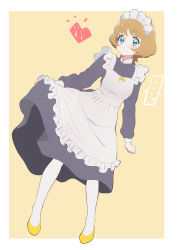 Rule 34 | ..., 1girl, :o, absurdres, alternate costume, apron, black dress, blue eyes, blush, border, bow, brown hair, commentary request, dress, dutch angle, enmaided, expressionless, frilled apron, frills, full body, glasses, heart, highres, ichinose minori, long dress, long sleeves, looking at viewer, maid, maid apron, maid headdress, open mouth, outside border, pantyhose, precure, round eyewear, short hair, simple background, skirt hold, solo, speech bubble, tankobukids, tropical-rouge! precure, white apron, white border, white pantyhose, yellow background, yellow bow, yellow footwear