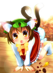 Rule 34 | 1girl, animal ears, brown hair, cat ears, cat girl, cat tail, chen, chestnut, earrings, female focus, hat, jewelry, leaf, multiple tails, short hair, solo, tail, takamoto akisa, touhou