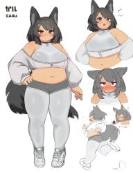 Rule 34 | 1girl, absurdres, animal ear fluff, animal ears, bare shoulders, blush, breasts, closed mouth, commentary request, crop top, dolphin shorts, fat woman, food, full body, grey hair, grey pantyhose, grey tail, hair between eyes, hair ornament, hairclip, highres, holding, holding doughnut, holding food, jitome, large breasts, long sleeves, looking at viewer, medium hair, multiple views, navel, nimo (b45ui), open mouth, original, pantyhose, plump, puff of air, purple eyes, running, shoes, shorts, simple background, sleeves past wrists, standing, straight-on, sweat, tail, thick thighs, thighs, translation request, upper body, white background, zipper, zipper pull tab