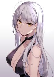 Rule 34 | 1girl, ahoge, aosaki yukina, bare shoulders, black dress, breasts, cleavage, collarbone, commentary request, dress, earrings, gradient background, halter dress, halterneck, highres, hoop earrings, jewelry, large breasts, long hair, looking at viewer, o-ring, original, parted lips, silver hair, simple background, solo, upper body