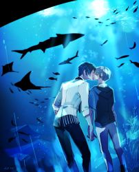 Rule 34 | 2boys, aquarium, character request, clothes, fish, height difference, holding hands, kiss, male focus, multiple boys, pants, shark, shirt, size difference, tokyo ghoul, water, yaoi