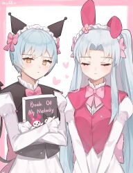 Rule 34 | 2girls, angela (project moon), animal ears, bat ears, black vest, blush, bow, bowtie, closed eyes, closed mouth, cosplay, dual persona, hair bow, highres, juliet sleeves, kuromi, kuromi (cosplay), library of ruina, lobotomy corporation, long hair, long sleeves, love mintchoco, maid headdress, multiple girls, my melody, my melody (cosplay), one side up, onegai my melody, parted bangs, pink bow, pink bowtie, pink vest, project moon, puffy sleeves, sanrio, shirt, short hair, sidelocks, upper body, very long hair, vest, white shirt