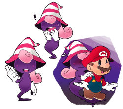 Rule 34 | 1boy, 1girl, blush, curly hair, facial hair, floating, ghost-pepper, gloves, hair over eyes, hat, long hair, mario, mario (series), mustache, nintendo, overalls, paper mario, pink hair, simple background, smile, striped, super mario bros. 1, super mario rpg, vivian (paper mario), white gloves, witch hat