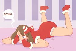 Rule 34 | 1girl, blue eyes, blush, bow, brown eyes, brown hair, creatures (company), crib, diaper, feet up, full body, gag, gagged, game freak, gloves, hair bow, lying, may (pokemon), mittens, nintendo, on stomach, onesie, pacifier, poke ball symbol, pokemon, red gloves, short sleeves, solo, speech bubble, striped, striped background