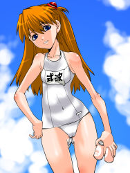 Rule 34 | 1girl, ass, bare legs, bare shoulders, blue eyes, breasts, brown hair, cameltoe, can, cleavage, hand on own hip, highres, holding, holding can, long hair, neon genesis evangelion, one-piece swimsuit, shinama, shiny skin, simple background, sky, small breasts, smile, solo, souryuu asuka langley, swimsuit, twintails, upper body, white background, white one-piece swimsuit