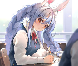 Rule 34 | 1girl, animal ear fluff, animal ears, blue hair, blue vest, blush, bow, braid, collared shirt, dokkumaa, unworn eyewear, from side, glasses, hair between eyes, hair bow, highres, holding, holding pen, hololive, indoors, long hair, looking at viewer, neck ribbon, parted lips, pen, rabbit ears, red eyes, red ribbon, ribbon, round eyewear, shirt, short eyebrows, sideways glance, solo focus, thick eyebrows, twin braids, twintails, usada pekora, vest, virtual youtuber, white bow, white shirt