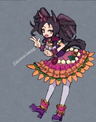 Rule 34 | + +, 1girl, animal ears, black hair, blush, boots, breasts, dress, fang, full body, grey background, hairband, high heel boots, high heels, highres, horse ears, horse girl, horse tail, layered dress, long hair, looking at viewer, marvelous sunday (umamusume), multicolored clothes, multicolored dress, open mouth, pantyhose, purple footwear, short sleeves, small breasts, smile, solo, sudzume, tail, twintails, umamusume, w, white pantyhose, wrist cuffs, yellow eyes
