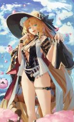 Rule 34 | 1girl, aqua eyes, arknights, black one-piece swimsuit, blonde hair, breasts, cleavage, hat, large breasts, medium breasts, official alternate costume, one-piece swimsuit, sun hat, swimsuit, swire (arknights), swire the elegant wit (arknights), thigh strap, v-neck