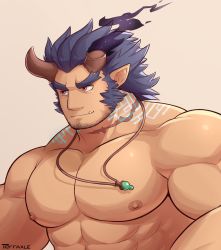 Rule 34 | 1boy, bara, blue hair, broken horn, dark blue hair, demon boy, demon horns, facial hair, fang, fiery horns, highres, horns, jewelry, large pectorals, long sideburns, male focus, muscular, muscular male, necklace, pectorals, red eyes, scar, short hair, sideburns, solo, stubble, takemaru (housamo), terraxle, thick eyebrows, tokyo houkago summoners, topless male, upper body