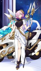 Rule 34 | 1girl, absurdres, armor, athena (mythology), black footwear, boots, breasts, commentary, dress, english commentary, fate/grand order, fate (series), gloves, hair over one eye, half gloves, head wreath, highres, holding, holding polearm, holding weapon, large breasts, mash kyrielight, monkey jon, motor vehicle, motorcycle, polearm, purple eyes, purple hair, scale armor, short hair, solo, standing, weapon, white dress, white gloves