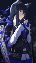 Rule 34 | 1girl, absurdres, animal ear fluff, animal ears, arknights, black hair, black jacket, black vest, blue eyes, blue gloves, blue shorts, breasts, cigarette, closed mouth, collared shirt, commentary request, fingerless gloves, gaoqiaoyuyin takahashi, gloves, hair between eyes, hands up, highres, holding, jacket, jacket on shoulders, lighter, long hair, long sleeves, medium breasts, mouth hold, shirt, shorts, sleeves past wrists, solo, texas (arknights), texas the omertosa (arknights), very long hair, vest, white shirt