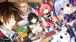 Rule 34 | 2boys, 3girls, :d, ^^^, alyn (fairy fencer f), anger vein, animal, apron, arm support, bahas, bald, beard, black hair, blue hair, blueberry, blush, breasts, brown gloves, brown hair, chain, chain necklace, chair, cleavage, collar, collarbone, cross, cui, cui (fairy fencer f), cup, detached collar, dutch angle, earrings, eating, facial hair, fairy fencer f, fang (fairy fencer f), food, food on face, fork, frilled apron, frilled sleeves, frills, front-tie top, fruit, fur trim, game cg, gloves, green eyes, hair ornament, hand on own cheek, hand on own face, harler, harler (fairy fencer f), holding, jewelry, large breasts, long hair, looking at another, looking at viewer, melon, multiple boys, multiple girls, mustache, necklace, official art, open mouth, orange (fruit), orange hair, orange slice, pie, pink eyes, plate, pointy ears, polka dot, profile, red eyes, saucer, short hair, smile, sparkle, sparkling eyes, strawberry, tart (food), teacup, tiara (fairy fencer f), tsunako, twintails, wide sleeves