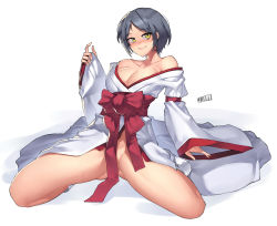 Rule 34 | 10s, 1girl, arm garter, bare shoulders, black hair, blush, bow, breasts, cleavage, collarbone, convenient censoring, female focus, green eyes, groin, hayami kanade, highres, idolmaster, idolmaster cinderella girls, japanese clothes, jjune, kimono, large breasts, leaning back, long sleeves, looking at viewer, no bra, no panties, nose blush, obi, off shoulder, open clothes, open kimono, parted bangs, sash, short hair, sitting, smile, solo, spread legs, wariza, wide sleeves, yellow eyes, yukata