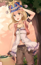 Rule 34 | &gt;:d, 10s, 1girl, :d, arm up, armband, atelier (series), atelier escha &amp; logy, bad id, bad pixiv id, black gloves, blonde hair, blush, brown eyes, brown pants, collarbone, dutch angle, fingerless gloves, gloves, hand on headwear, hat, head tilt, highres, jewelry, katla larchica, looking at viewer, machikado, necklace, open mouth, outdoors, pants, shako cap, shirt, short hair with long locks, single glove, sleeveless, sleeveless shirt, smile, solo, standing, suitcase, sunset, tree, v-shaped eyebrows, white shirt