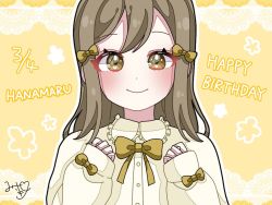Rule 34 | 1girl, artist name, artist request, blush, bow, bowtie, breasts, brown bow, brown eyes, brown hair, buttons, clenched hands, close-up, dress, dress shirt, female focus, hair between eyes, hair bow, kunikida hanamaru, light brown hair, light brown shirt, long hair, long sleeves, looking at viewer, love live!, love live! sunshine!!, orange background, parted lips, shirt, smile, solo, yellow eyes