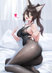 Rule 34 | 1girl, absurdres, animal ears, bare shoulders, blush, breasts, brown hair, covered erect nipples, fang, fox ears, fox girl, gaosu gong lu, green eyes, hair between eyes, heart, highres, holding, honkai: star rail, honkai (series), large breasts, long hair, looking at viewer, mole, mole on breast, one-piece swimsuit, open mouth, pantyhose, pantyhose under swimsuit, ponytail, see-through one-piece swimsuit, skin fang, solo, swimsuit, tingyun (honkai: star rail), wet