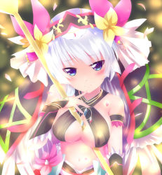 Rule 34 | 1girl, absurdres, awakening (sennen sensou aigis), bad id, bad pixiv id, bare shoulders, between breasts, blue eyes, blush, breasts, cleavage, flower, hairband, hand on own face, highres, jewelry, kurissa (sennen sensou aigis), large breasts, necklace, sennen sensou aigis, shirogane haku, siroganehaku256, solo, staff, upper body, white hair