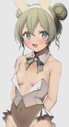 Rule 34 | 1girl, :d, animal ears, arms behind back, bare shoulders, blush, bow, breasts, brown leotard, collar, collarbone, covered navel, detached collar, double bun, fake animal ears, green bow, green eyes, green hair, grey background, groin, hair between eyes, hair bun, hairband, leotard, looking at viewer, open mouth, original, rabbit ears, simple background, skeptycally, small breasts, smile, solo, twitter username, white collar, white hairband, wing collar