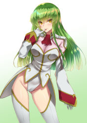 Rule 34 | 1girl, ascot, breasts, c.c., cleavage, code geass, commentary request, contrapposto, gloves, gluteal fold, gradient background, green background, green hair, highleg, highleg leotard, highres, leotard, long hair, looking at viewer, red ascot, sleeves past wrists, solo, standing, takecha, thighhighs, tongue, tongue out, white background, white gloves, white leotard, white thighhighs, yellow eyes