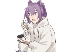 Rule 34 | 1girl, commentary, cone hair bun, food, genshin impact, hair bun, highres, holding, holding food, hood, hoodie, keqing (genshin impact), long hair, long sleeves, looking at food, open mouth, oreo, purple eyes, purple hair, sidelocks, simple background, solo, surprised, tomseachi, twitter username, white background, white hoodie