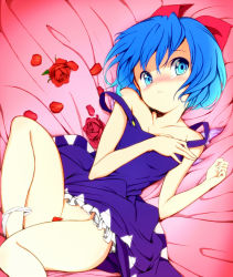 Rule 34 | 1girl, bad id, bare shoulders, bed, blue eyes, blue hair, blush, bow, cirno, dress, flower, groin, hair bow, hair ornament, hand on another&#039;s chest, hand on own chest, lying, matching hair/eyes, no panties, on back, panties, panties around leg, petals, red rose, reri, rose, rose petals, short hair, solo, strap slip, tears, touhou, underwear, white panties, wings