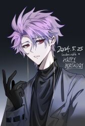 Rule 34 | 1boy, black gloves, black sweater, character name, chinese commentary, commentary request, dated, earrings, english text, gloves, gradient background, grey jacket, hair between eyes, hand up, happy birthday, highres, jacket, jewelry, long sleeves, male focus, open clothes, open jacket, purple hair, red eyes, saibou shinkyoku, short hair, shu yan, simple background, sweater, theodore riddle, turtleneck, turtleneck sweater