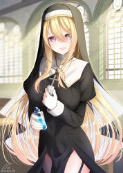 Rule 34 | 1girl, :d, backlighting, black dress, blonde hair, blurry, blurry background, blush, bottle, breasts, commentary request, cross, cross necklace, depth of field, dress, garter straps, habit, hair between eyes, highres, holding, holding bottle, indoors, jewelry, juliet sleeves, large breasts, latin cross, long hair, long sleeves, looking at viewer, mole, mole under eye, necklace, nekobaka, nun, open mouth, original, puffy sleeves, red eyes, signature, smile, solo, sunlight, teeth, twitter username, upper teeth only, very long hair, window