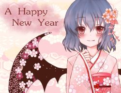 Rule 34 | 1girl, alternate costume, bad id, bad pixiv id, bat wings, blue hair, blush, cherry blossoms, fang, floral print, flower, hair flower, hair ornament, happy new year, japanese clothes, kimono, new year, no headwear, no headwear, raayu, red eyes, remilia scarlet, solo, touhou, upper body, wings