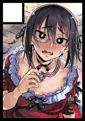 Rule 34 | 10s, 1girl, black border, black eyes, black hair, border, breasts, choker, collarbone, commentary request, crying, d:, dress, frilled dress, frills, girls und panzer, glasses, hair between eyes, highres, holding, holding jewelry, holding necklace, jewelry, kawashima momo, large breasts, letterboxed, looking at viewer, monochrome, necklace, norinco, open mouth, parted lips, red dress, ribbon-trimmed dress, semi-rimless eyewear, short dress, short hair with long locks, solo, teardrop, tears, under-rim eyewear