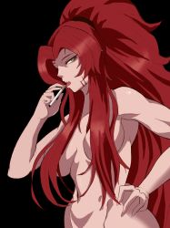 Rule 34 | 1girl, black background, breasts, gebura (project moon), highres, large breasts, lobotomy corporation, long hair, looking at viewer, navel, nude, open mouth, project moon, red hair, scar, sideboob, smoking, solo, soul man, very long hair