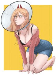 Rule 34 | 1girl, absurdres, all fours, bare shoulders, barefoot, breasts, chainsaw man, cleavage, demon horns, denim, denim shorts, dismaiden, feet, full body, high-waist shorts, highres, horns, legs, long hair, looking at viewer, medium breasts, orange hair, pet cone, power (chainsaw man), red horns, short shorts, shorts, signature, solo, thighs, toenails, toes