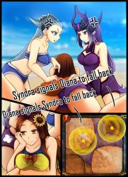 Rule 34 | 3girls, alternate costume, breasts, cleavage, day, diana (league of legends), ear protection, forehead protector, helmet, large breasts, league of legends, leona (league of legends), long hair, multiple girls, oldlim, pool party leona, purple eyes, silver hair, sky, swimsuit, syndra, very long hair, yuri