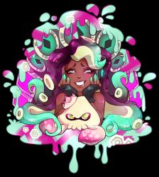 Rule 34 | 1girl, absurdres, black background, black gloves, blush, commentary request, crown, dark-skinned female, dark skin, fingerless gloves, gloves, hands up, highres, inkling, looking at viewer, manosdetrapo, marina (splatoon), mole, mole under mouth, nintendo, octoling, octoling player character, pearl (splatoon), purple hair, simple background, slime (substance), smile, solo, splatoon (series), splatoon 2, squid, suction cups, tentacle hair, yandere trance, yellow eyes