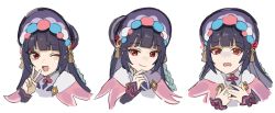 Rule 34 | 1girl, bad id, bad twitter id, blunt bangs, capelet, cropped shoulders, expressions, eyeshadow, genshin impact, gyoju (only arme nim), hat, highres, lolita fashion, long hair, long sleeves, looking at viewer, makeup, multiple views, one eye closed, open mouth, pink capelet, purple hair, qi lolita, red eyes, red eyeshadow, simple background, sketch, smile, tears, v, white background, yun jin (genshin impact)