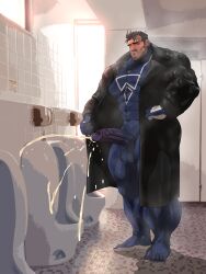 absurdres bara black_coat bodysuit check_copyright coat copyright_request cum erection exhibitionism highres hitenmaru male_focus public_indecency smell toilet yaoi