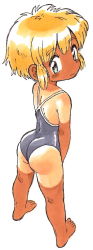 Rule 34 | 1girl, artist request, ass, barefoot, black one-piece swimsuit, blonde hair, character request, copyright request, feet, full body, looking at viewer, looking back, looking up, no shoes, one-piece swimsuit, short hair, simple background, solo, standing, swimsuit, toes, traditional media, white background
