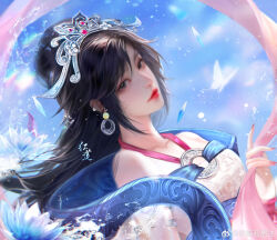Rule 34 | 1girl, bare shoulders, brown hair, bug, butterfly, chi lian (qinshi mingyue), closed mouth, cloud, earrings, from side, glowing butterfly, hagoromo, highres, hoop earrings, insect, jewelry, long hair, meng qin a, o-ring dress, off shoulder, qinshi mingyue, second-party source, shards, shawl, solo, tiara, upper body, water