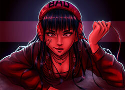 Rule 34 | 1girl, bandaid, bandaid on cheek, bandaid on face, black hair, breasts, brown eyes, cable, cleavage, commentary, cyberpunk, downblouse, english commentary, eyelashes, eyeliner, fourth wall, headphones, her (ruiner), lips, long hair, looking at viewer, lying, makeup, medium breasts, on stomach, pin, red theme, ruiner, sofie ivars, solo